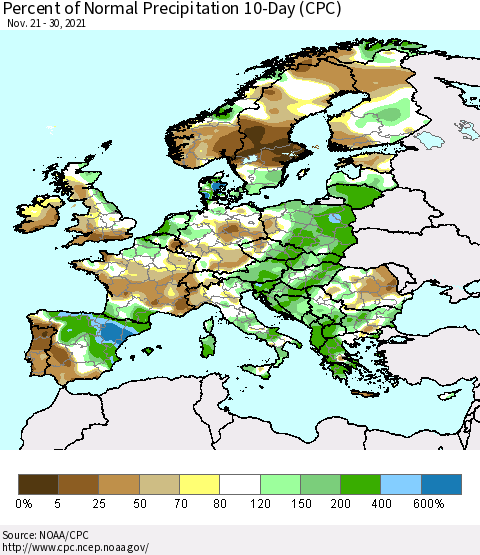 Europe Percent of Normal Precipitation 10-Day (CPC) Thematic Map For 11/21/2021 - 11/30/2021