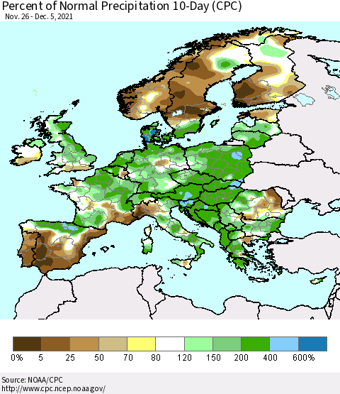 Europe Percent of Normal Precipitation 10-Day (CPC) Thematic Map For 11/26/2021 - 12/5/2021