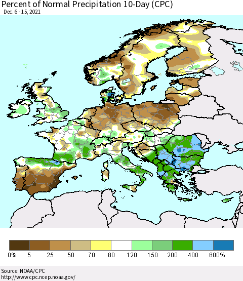 Europe Percent of Normal Precipitation 10-Day (CPC) Thematic Map For 12/6/2021 - 12/15/2021