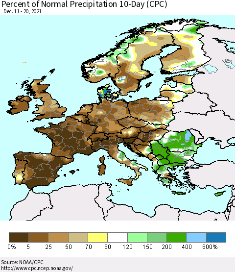 Europe Percent of Normal Precipitation 10-Day (CPC) Thematic Map For 12/11/2021 - 12/20/2021