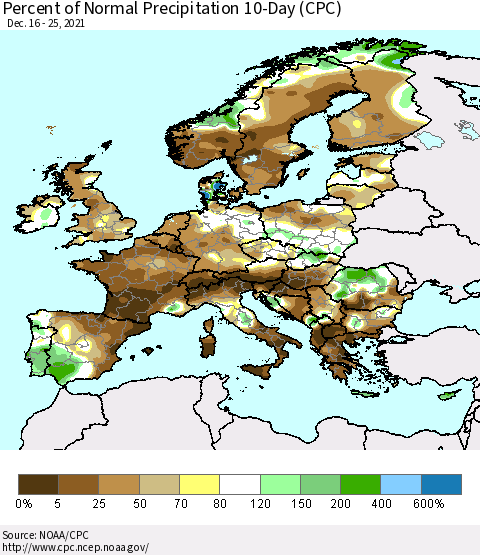Europe Percent of Normal Precipitation 10-Day (CPC) Thematic Map For 12/16/2021 - 12/25/2021