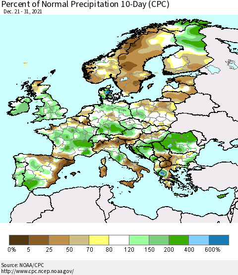 Europe Percent of Normal Precipitation 10-Day (CPC) Thematic Map For 12/21/2021 - 12/31/2021