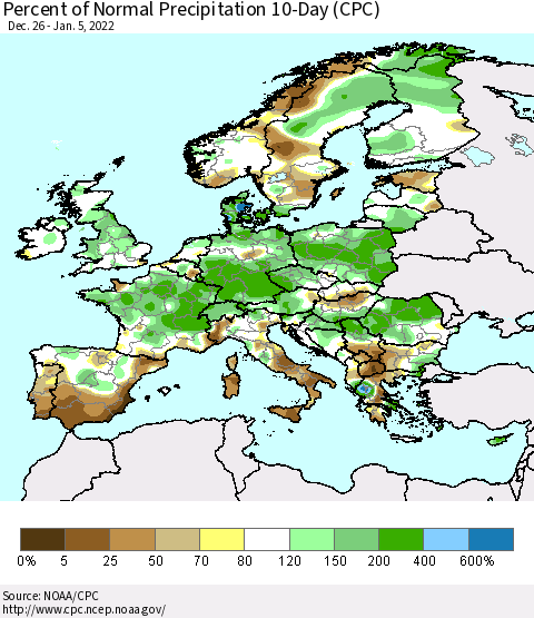 Europe Percent of Normal Precipitation 10-Day (CPC) Thematic Map For 12/26/2021 - 1/5/2022