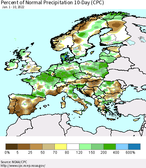 Europe Percent of Normal Precipitation 10-Day (CPC) Thematic Map For 1/1/2022 - 1/10/2022