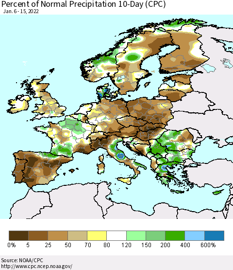 Europe Percent of Normal Precipitation 10-Day (CPC) Thematic Map For 1/6/2022 - 1/15/2022
