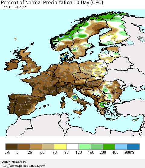 Europe Percent of Normal Precipitation 10-Day (CPC) Thematic Map For 1/11/2022 - 1/20/2022