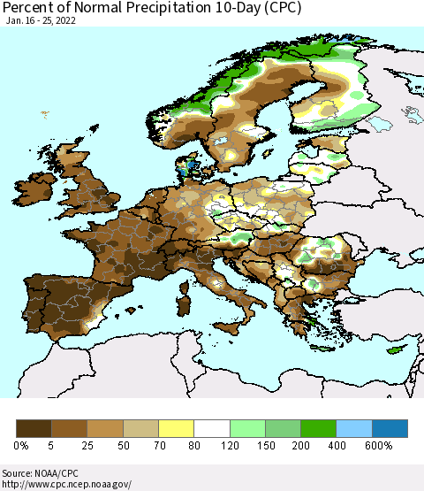 Europe Percent of Normal Precipitation 10-Day (CPC) Thematic Map For 1/16/2022 - 1/25/2022