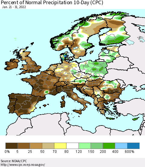Europe Percent of Normal Precipitation 10-Day (CPC) Thematic Map For 1/21/2022 - 1/31/2022