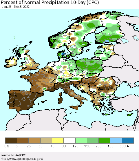 Europe Percent of Normal Precipitation 10-Day (CPC) Thematic Map For 1/26/2022 - 2/5/2022