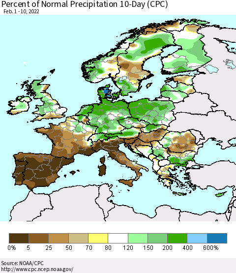 Europe Percent of Normal Precipitation 10-Day (CPC) Thematic Map For 2/1/2022 - 2/10/2022