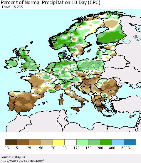 Europe Percent of Normal Precipitation 10-Day (CPC) Thematic Map For 2/6/2022 - 2/15/2022