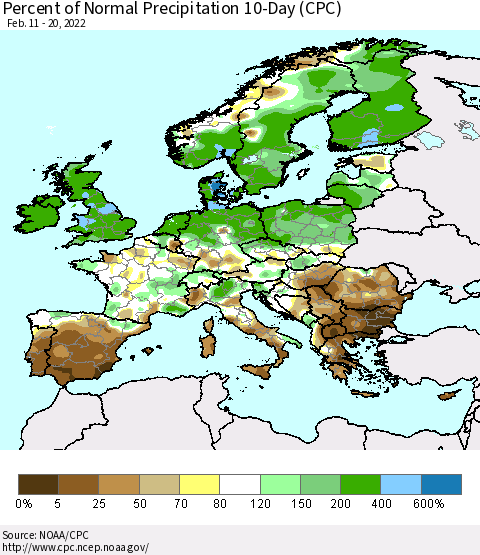 Europe Percent of Normal Precipitation 10-Day (CPC) Thematic Map For 2/11/2022 - 2/20/2022