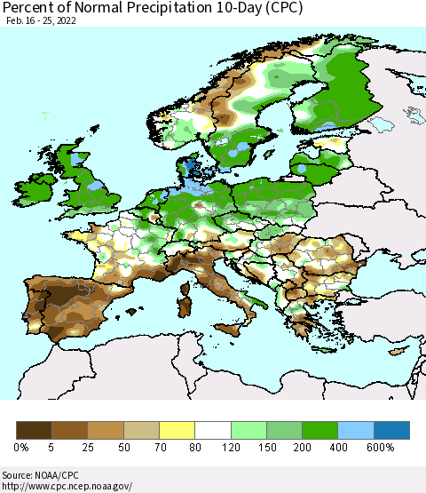 Europe Percent of Normal Precipitation 10-Day (CPC) Thematic Map For 2/16/2022 - 2/25/2022