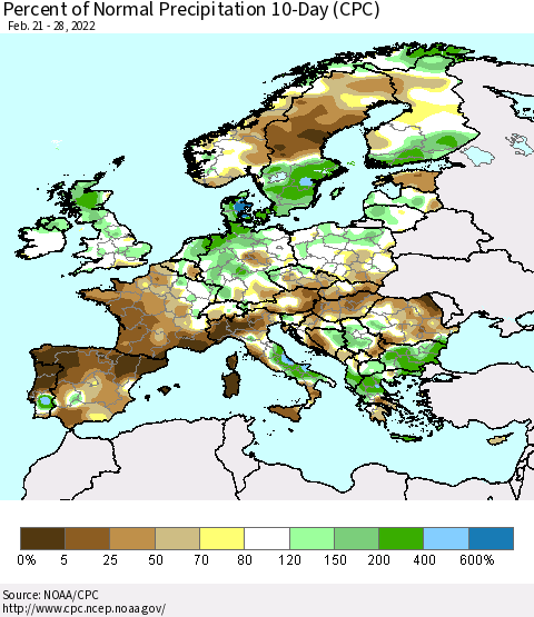 Europe Percent of Normal Precipitation 10-Day (CPC) Thematic Map For 2/21/2022 - 2/28/2022