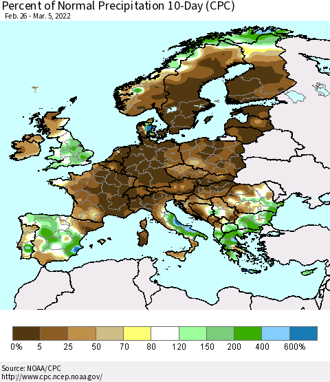 Europe Percent of Normal Precipitation 10-Day (CPC) Thematic Map For 2/26/2022 - 3/5/2022