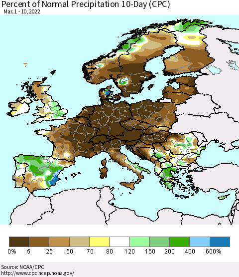Europe Percent of Normal Precipitation 10-Day (CPC) Thematic Map For 3/1/2022 - 3/10/2022
