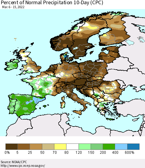 Europe Percent of Normal Precipitation 10-Day (CPC) Thematic Map For 3/6/2022 - 3/15/2022
