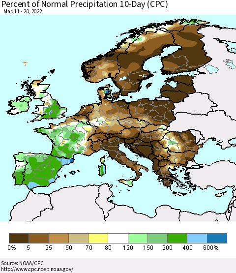 Europe Percent of Normal Precipitation 10-Day (CPC) Thematic Map For 3/11/2022 - 3/20/2022