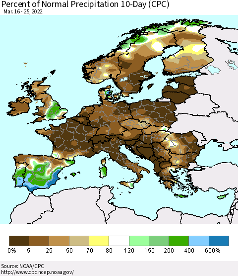 Europe Percent of Normal Precipitation 10-Day (CPC) Thematic Map For 3/16/2022 - 3/25/2022