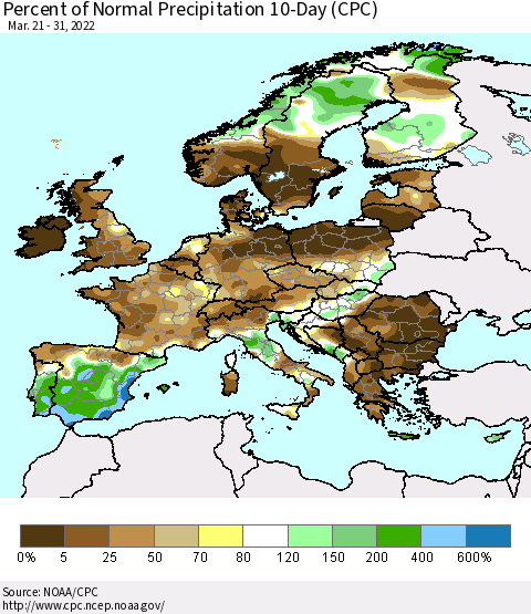 Europe Percent of Normal Precipitation 10-Day (CPC) Thematic Map For 3/21/2022 - 3/31/2022