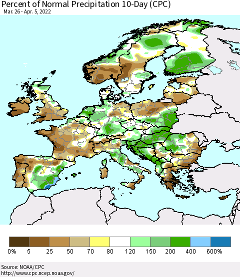 Europe Percent of Normal Precipitation 10-Day (CPC) Thematic Map For 3/26/2022 - 4/5/2022
