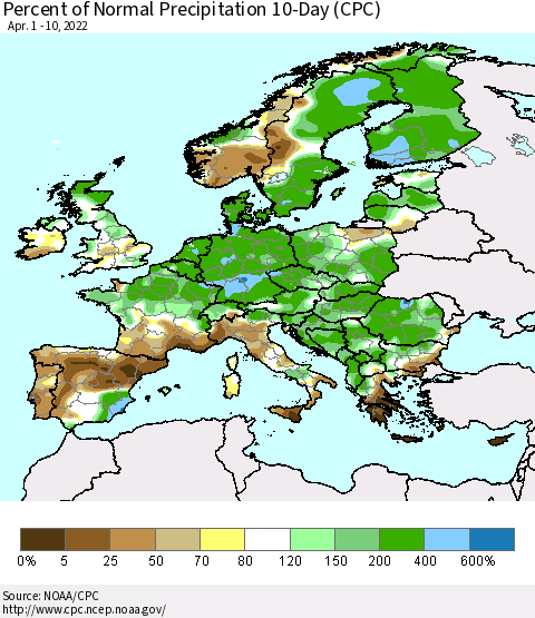 Europe Percent of Normal Precipitation 10-Day (CPC) Thematic Map For 4/1/2022 - 4/10/2022