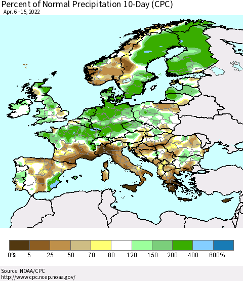 Europe Percent of Normal Precipitation 10-Day (CPC) Thematic Map For 4/6/2022 - 4/15/2022