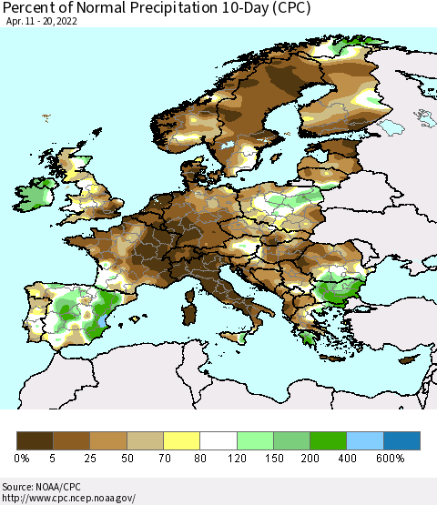 Europe Percent of Normal Precipitation 10-Day (CPC) Thematic Map For 4/11/2022 - 4/20/2022
