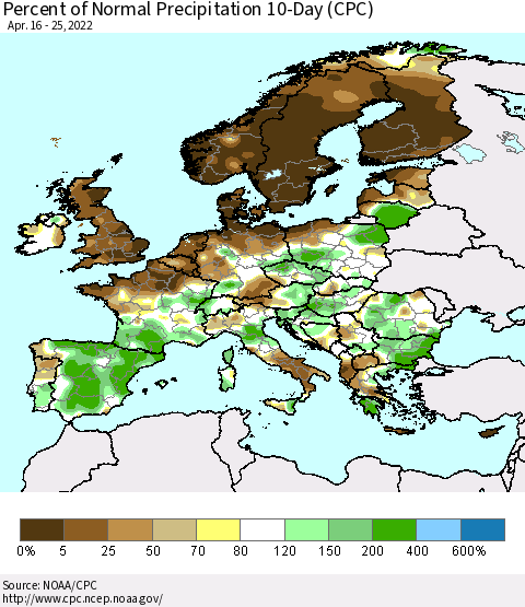 Europe Percent of Normal Precipitation 10-Day (CPC) Thematic Map For 4/16/2022 - 4/25/2022