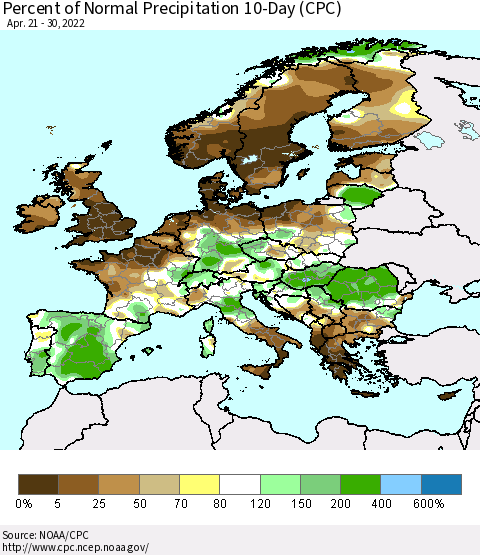 Europe Percent of Normal Precipitation 10-Day (CPC) Thematic Map For 4/21/2022 - 4/30/2022