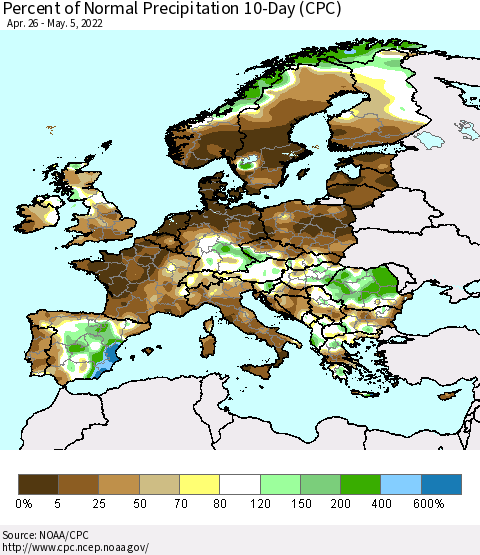Europe Percent of Normal Precipitation 10-Day (CPC) Thematic Map For 4/26/2022 - 5/5/2022