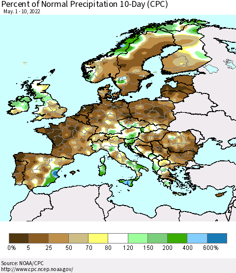 Europe Percent of Normal Precipitation 10-Day (CPC) Thematic Map For 5/1/2022 - 5/10/2022