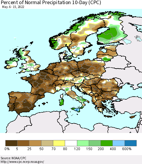 Europe Percent of Normal Precipitation 10-Day (CPC) Thematic Map For 5/6/2022 - 5/15/2022