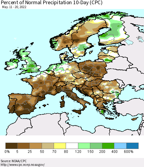Europe Percent of Normal Precipitation 10-Day (CPC) Thematic Map For 5/11/2022 - 5/20/2022