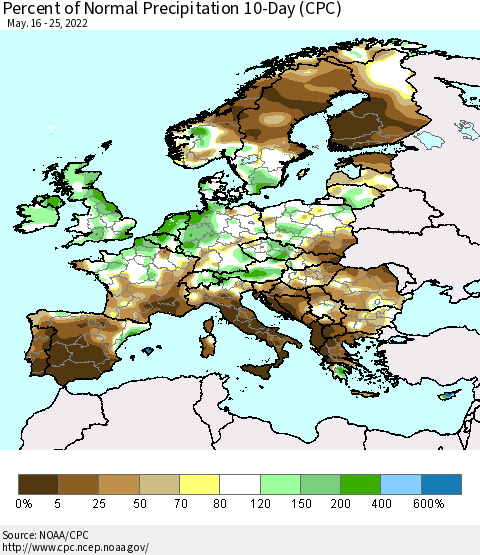 Europe Percent of Normal Precipitation 10-Day (CPC) Thematic Map For 5/16/2022 - 5/25/2022