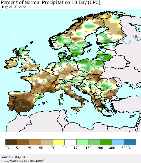 Europe Percent of Normal Precipitation 10-Day (CPC) Thematic Map For 5/21/2022 - 5/31/2022