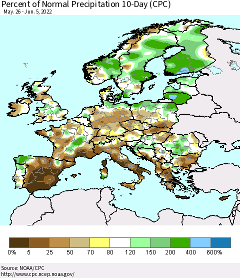 Europe Percent of Normal Precipitation 10-Day (CPC) Thematic Map For 5/26/2022 - 6/5/2022