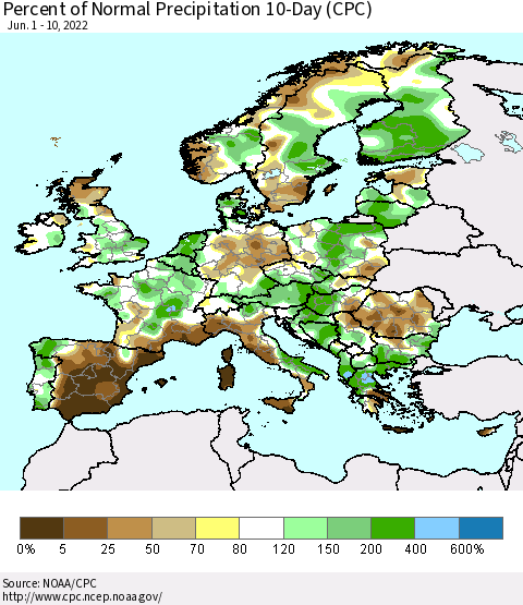 Europe Percent of Normal Precipitation 10-Day (CPC) Thematic Map For 6/1/2022 - 6/10/2022