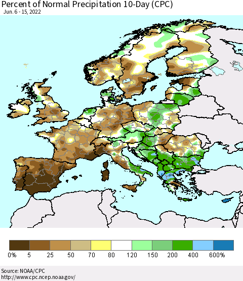 Europe Percent of Normal Precipitation 10-Day (CPC) Thematic Map For 6/6/2022 - 6/15/2022