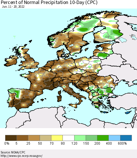 Europe Percent of Normal Precipitation 10-Day (CPC) Thematic Map For 6/11/2022 - 6/20/2022