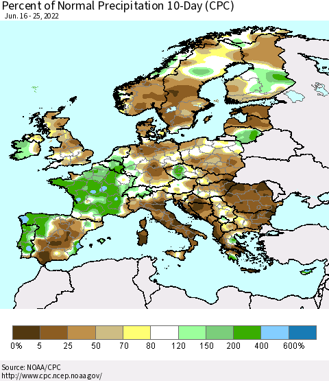 Europe Percent of Normal Precipitation 10-Day (CPC) Thematic Map For 6/16/2022 - 6/25/2022