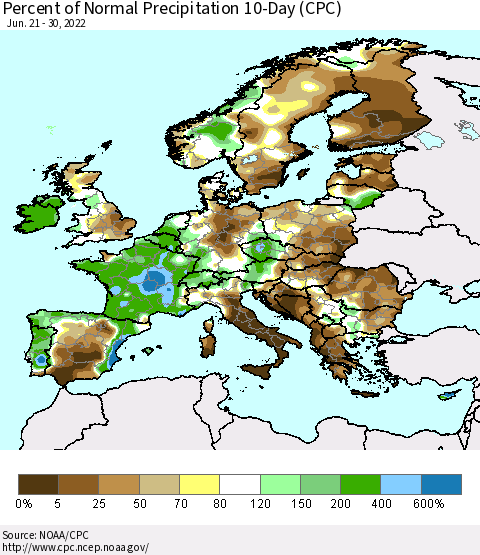 Europe Percent of Normal Precipitation 10-Day (CPC) Thematic Map For 6/21/2022 - 6/30/2022