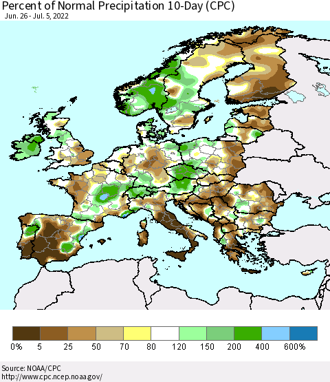 Europe Percent of Normal Precipitation 10-Day (CPC) Thematic Map For 6/26/2022 - 7/5/2022