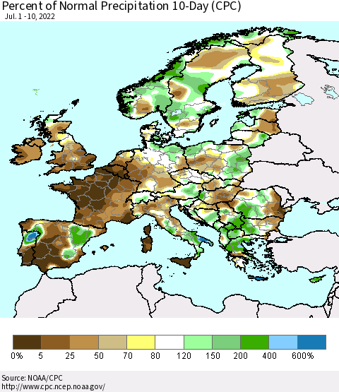 Europe Percent of Normal Precipitation 10-Day (CPC) Thematic Map For 7/1/2022 - 7/10/2022