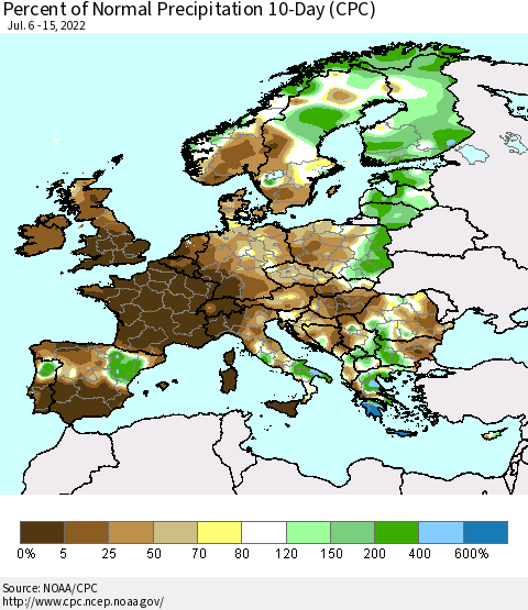 Europe Percent of Normal Precipitation 10-Day (CPC) Thematic Map For 7/6/2022 - 7/15/2022