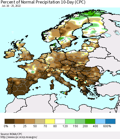 Europe Percent of Normal Precipitation 10-Day (CPC) Thematic Map For 7/16/2022 - 7/25/2022