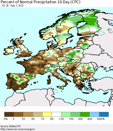 Europe Percent of Normal Precipitation 10-Day (CPC) Thematic Map For 7/26/2022 - 8/5/2022