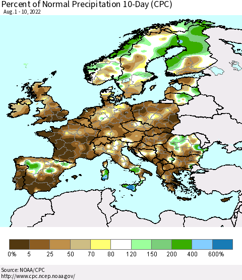 Europe Percent of Normal Precipitation 10-Day (CPC) Thematic Map For 8/1/2022 - 8/10/2022