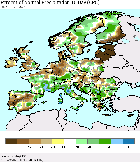 Europe Percent of Normal Precipitation 10-Day (CPC) Thematic Map For 8/11/2022 - 8/20/2022