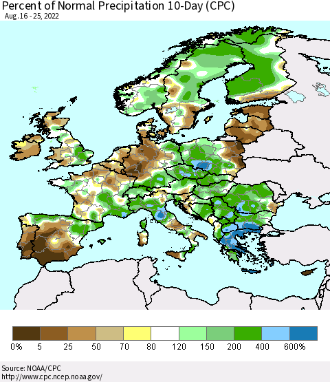 Europe Percent of Normal Precipitation 10-Day (CPC) Thematic Map For 8/16/2022 - 8/25/2022